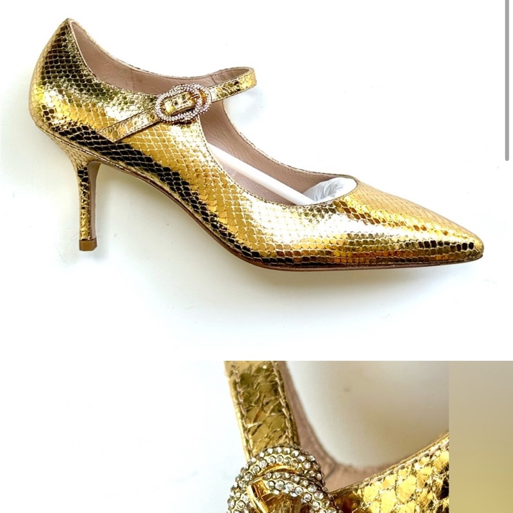 New Stuart Weitzman Mary Janes Jeweled Buckle Gold Snakeskin Patterned Heels, 9